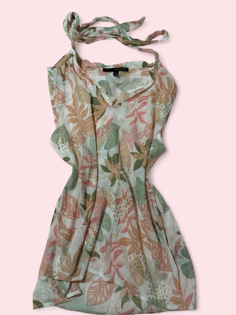 Harve Benard White Floral Halter Tie-Neck Camisole with Green and Peach Print